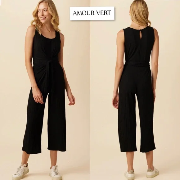 Amour Vert Briar Provence Rib Jumpsuit Black Size L Large Ankle Crop Minimalist - Picture 1 of 15